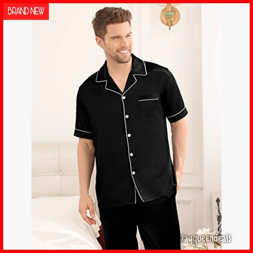 Men's Satin Pajama Set Short Sleeve Button Down Lounge Sleepwear